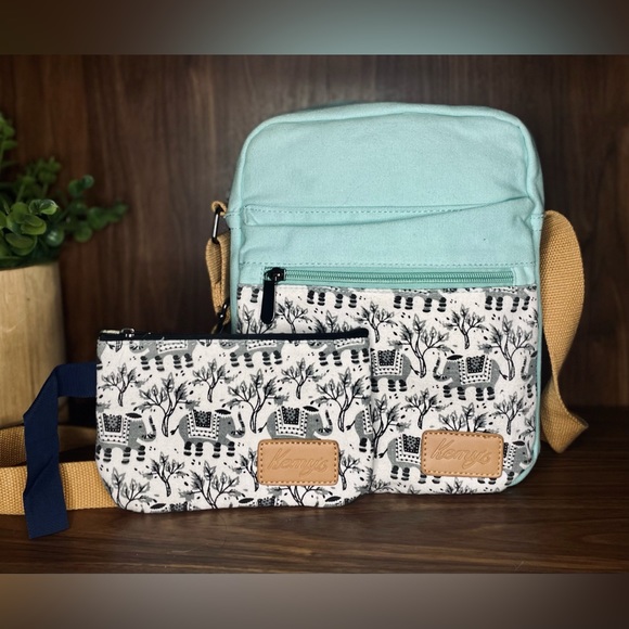 The Kemy's Crossbody Bag Purse Teal & Tan Elephant Design - Picture 2 of 8